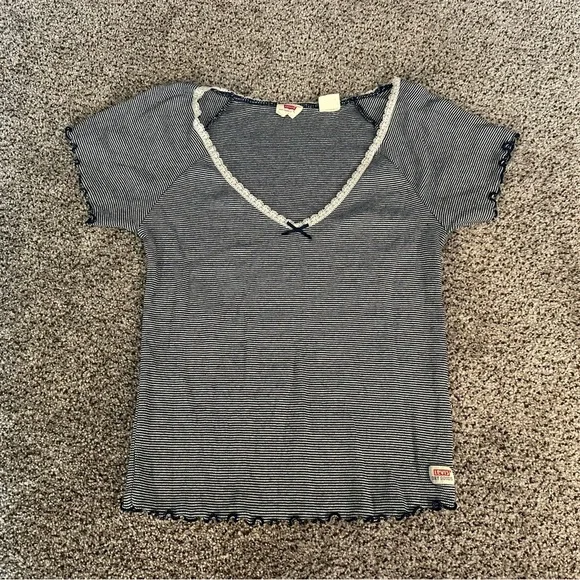LEVIS S Navy Blue White Stripe V Neck Tee Lettuce Edge Sleeves Bow R $34 - Picture 5 of 11